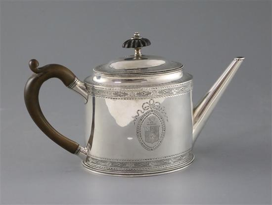 A George III silver oval teapot by Hester Bateman, gross 12 oz.